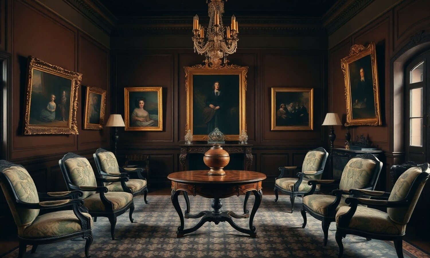 Salon ancien avec tableaux encadrés et mobilier d’époque